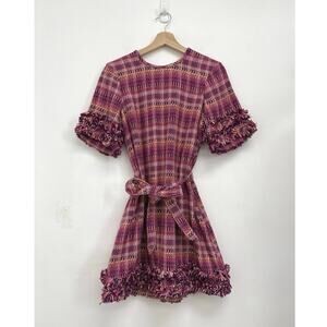 Cinq à Sept Boxweave Easton Belted Fringe Trim Colorful Tweed Mini Dress Size 8*